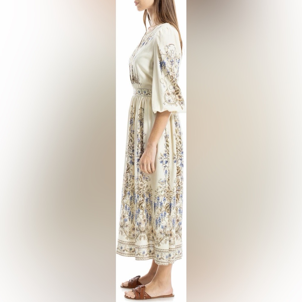 Floral Print Balloon Sleeve Maxi linen Dress long sleeve - Picture 8 of 10